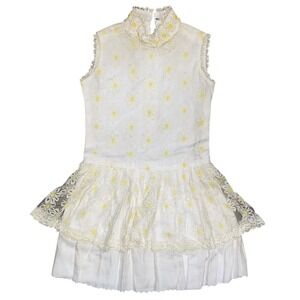 Vintage Girls White Yellow Daisy Lace Drop Waist Dress Mock Neck Talon Zip 1960s